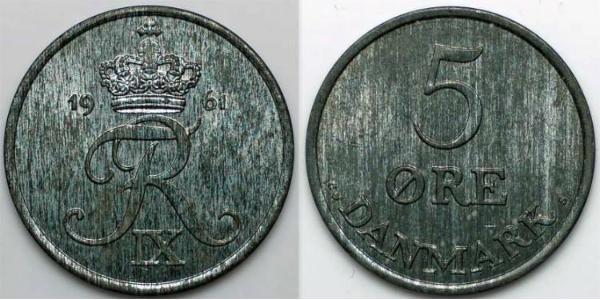 5 Ore Denmark Zinc Frederick IX of Denmark (1899 - 1972)