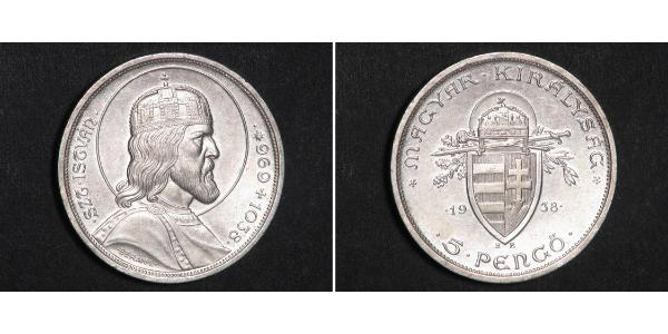 5 Pengo Kingdom of Hungary (1920 - 1946) Argento Stefano I d