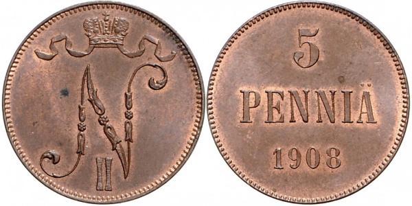 5 Penny Gran Ducado de Finlandia (1809 - 1917) Cobre Nicolás II (1868-1918)
