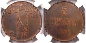 5 Penny Grand Duchy of Finland (1809 - 1917) Copper Nicholas II (1868-1918)