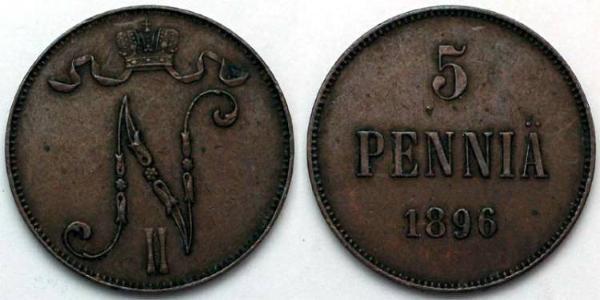 5 Penny Grand Duchy of Finland (1809 - 1917) Copper Nicholas II (1868-1918)