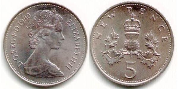 5 Penny Reino Unido (1922-) Níquel/Cobre Isabel II (1926-2022)