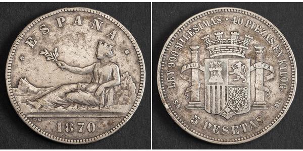 5 Peseta Erste Spanische Republik (1873 - 1874) Silber 