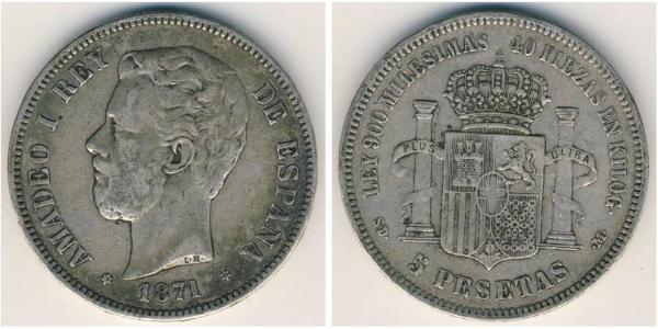 5 Peseta Kingdom of Spain (1814 - 1873) Silber Amadeus I. (Spanien)  (1845 - 1890)