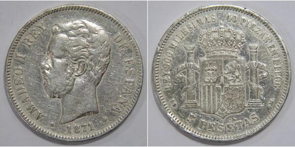 5 Peseta Kingdom of Spain (1814 - 1873) Silver Amadeo I of Spain (1845 - 1890)