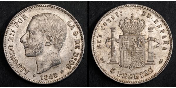 5 Peseta Spain Silver Alfonso XII of Spain (1857 -1885)