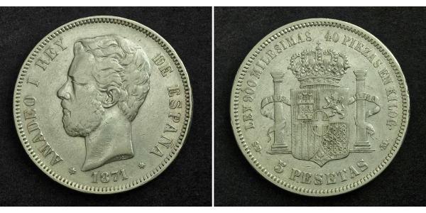 5 Peseta Kingdom of Spain (1814 - 1873) 銀 阿玛迪奥一世 (西班牙)  (1845 - 1890)