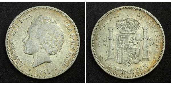 5 Peseta Kingdom of Spain (1874 - 1931) 銀 阿方索十三世 (1886 - 1941)