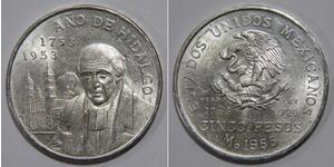 5 Peso Second Federal Republic of Mexico (1846 - 1863) Argent Miguel Hidalgo