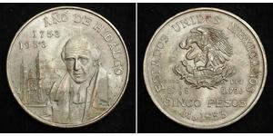 5 Peso Second Federal Republic of Mexico (1846 - 1863) Argent Miguel Hidalgo