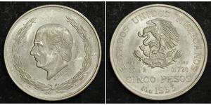 5 Peso Second Federal Republic of Mexico (1846 - 1863) Argent Miguel Hidalgo