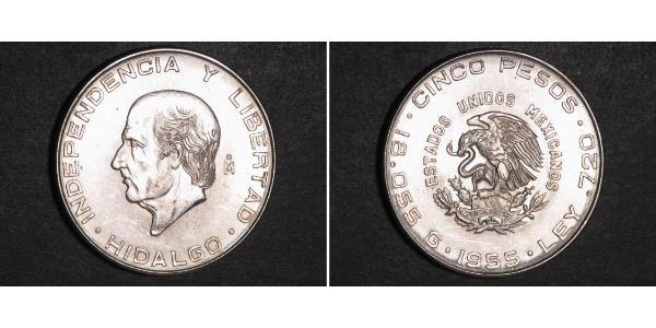 5 Peso Second Federal Republic of Mexico (1846 - 1863) Argent Miguel Hidalgo