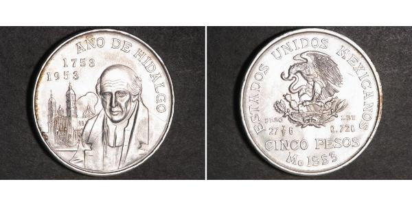 5 Peso Second Federal Republic of Mexico (1846 - 1863) Argent Miguel Hidalgo