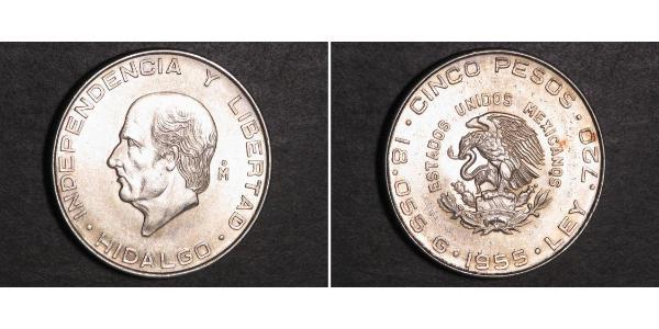 5 Peso Second Federal Republic of Mexico (1846 - 1863) Argent Miguel Hidalgo