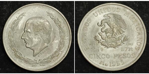 5 Peso Second Federal Republic of Mexico (1846 - 1863) Argento Miguel Hidalgo