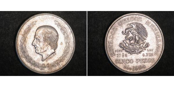 5 Peso Second Federal Republic of Mexico (1846 - 1863) Argento Miguel Hidalgo