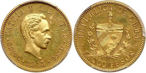 5 Peso Cuba Gold Jose Julian Marti Perez (1853 - 1895) 