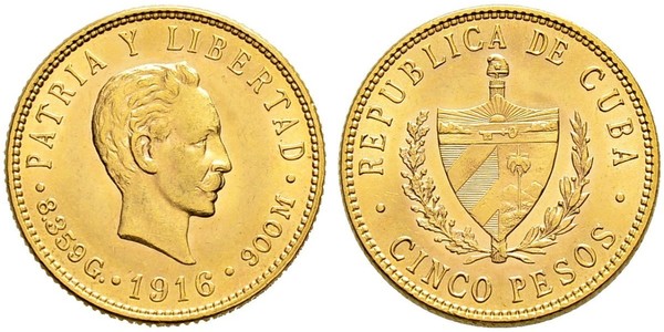 5 Peso Cuba Gold Jose Julian Marti Perez (1853 - 1895) 