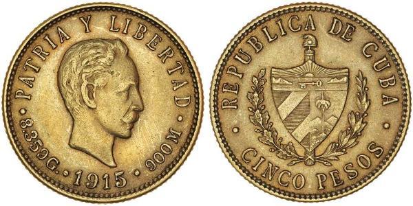 5 Peso Cuba Gold Jose Julian Marti Perez (1853 - 1895) 
