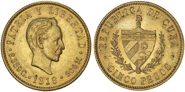 5 Peso Cuba Gold Jose Julian Marti Perez (1853 - 1895) 