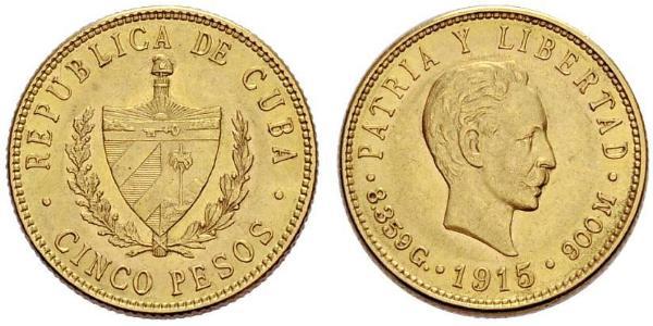 5 Peso Cuba Gold Jose Julian Marti Perez (1853 - 1895) 