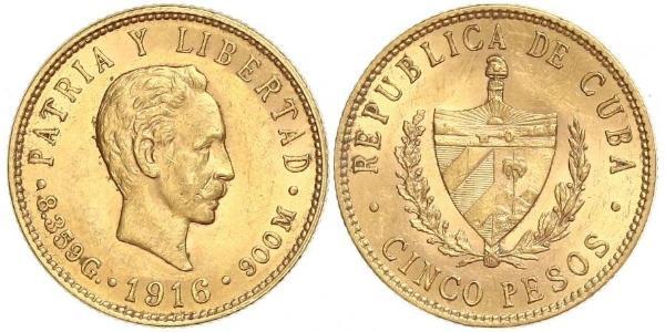 5 Peso Cuba Gold Jose Julian Marti Perez (1853 - 1895) 