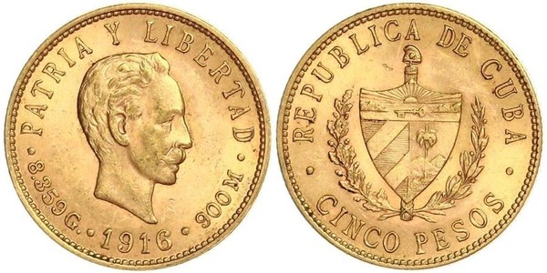 5 Peso Cuba Gold Jose Julian Marti Perez (1853 - 1895) 