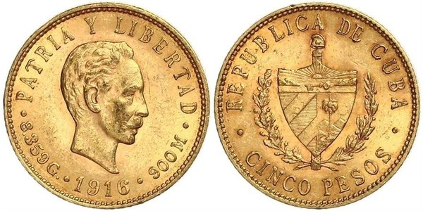 5 Peso Cuba Gold Jose Julian Marti Perez (1853 - 1895) 