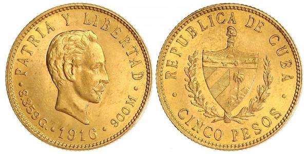 5 Peso Cuba Gold Jose Julian Marti Perez (1853 - 1895) 
