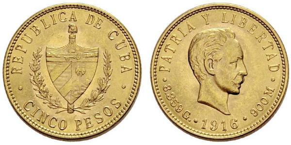 5 Peso Cuba Gold Jose Julian Marti Perez (1853 - 1895) 