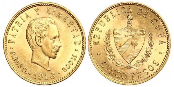 5 Peso Cuba Gold Jose Julian Marti Perez (1853 - 1895) 