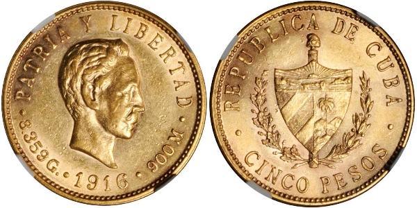 5 Peso Cuba Gold Jose Julian Marti Perez (1853 - 1895) 