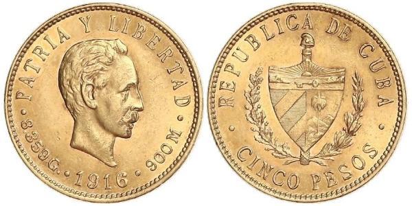 5 Peso Cuba Gold Jose Julian Marti Perez (1853 - 1895) 