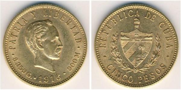 5 Peso Cuba Gold Jose Julian Marti Perez (1853 - 1895) 