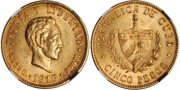 5 Peso Cuba Gold Jose Julian Marti Perez (1853 - 1895) 