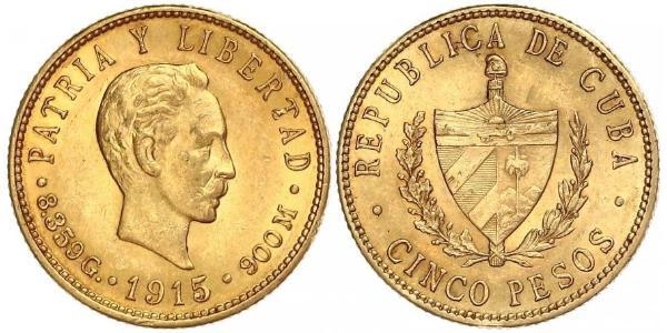 5 Peso Cuba Gold Jose Julian Marti Perez (1853 - 1895) 