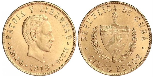 5 Peso Kuba Gold Jose Julian Marti Perez (1853 - 1895) 