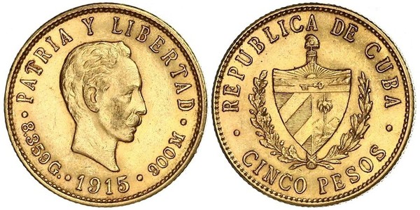 5 Peso Cuba Or Jose Julian Marti Perez (1853 - 1895) 