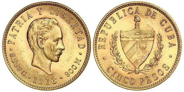 5 Peso Cuba Oro Jose Julian Marti Perez (1853 - 1895) 