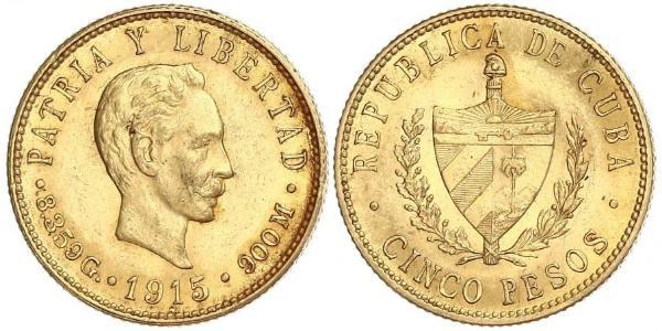 5 Peso Cuba Oro Jose Julian Marti Perez (1853 - 1895) 