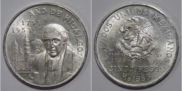 5 Peso Second Federal Republic of Mexico (1846 - 1863) Silver Miguel Hidalgo
