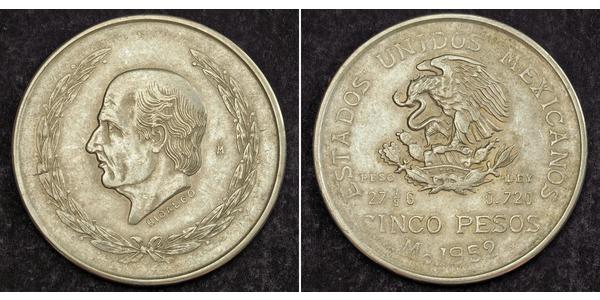 5 Peso Second Federal Republic of Mexico (1846 - 1863) Silver Miguel Hidalgo