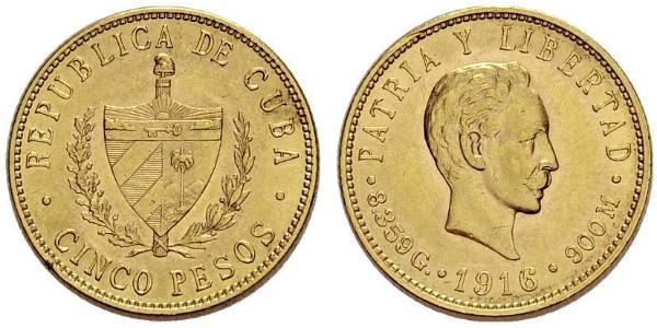 5 Peso Cuba 金 Jose Julian Marti Perez (1853 - 1895) 