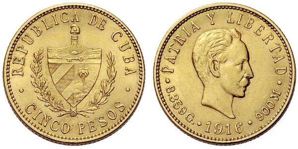 5 Peso Cuba 金 Jose Julian Marti Perez (1853 - 1895) 