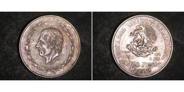 5 Peso Second Federal Republic of Mexico (1846 - 1863) 銀 Miguel Hidalgo