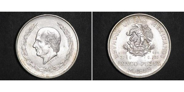 5 Peso Second Federal Republic of Mexico (1846 - 1863) 銀 Miguel Hidalgo