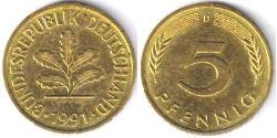 5 Pfennig Repubblica Federale di Germania (1990 - ) Rame/Acciaio 