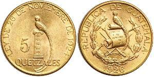 5 Quetzal Republic of Guatemala (1838 - ) Gold 