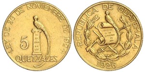 5 Quetzal Republic of Guatemala (1838 - ) Gold 