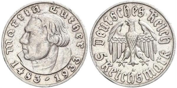 5 Reichsmark Germania nazista (1933-1945) Argento Martin Lutero